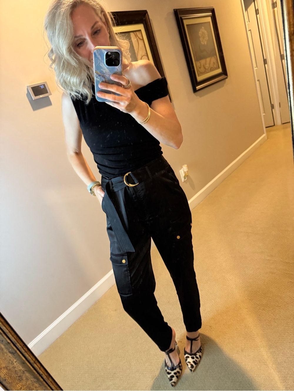 Black Satin Utility Cargo Pants with Belt